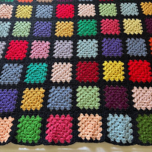 Handmade Multicolor Crochet Granny Square Blanket Throw 56" X 69" Black Border - Picture 5 of 14
